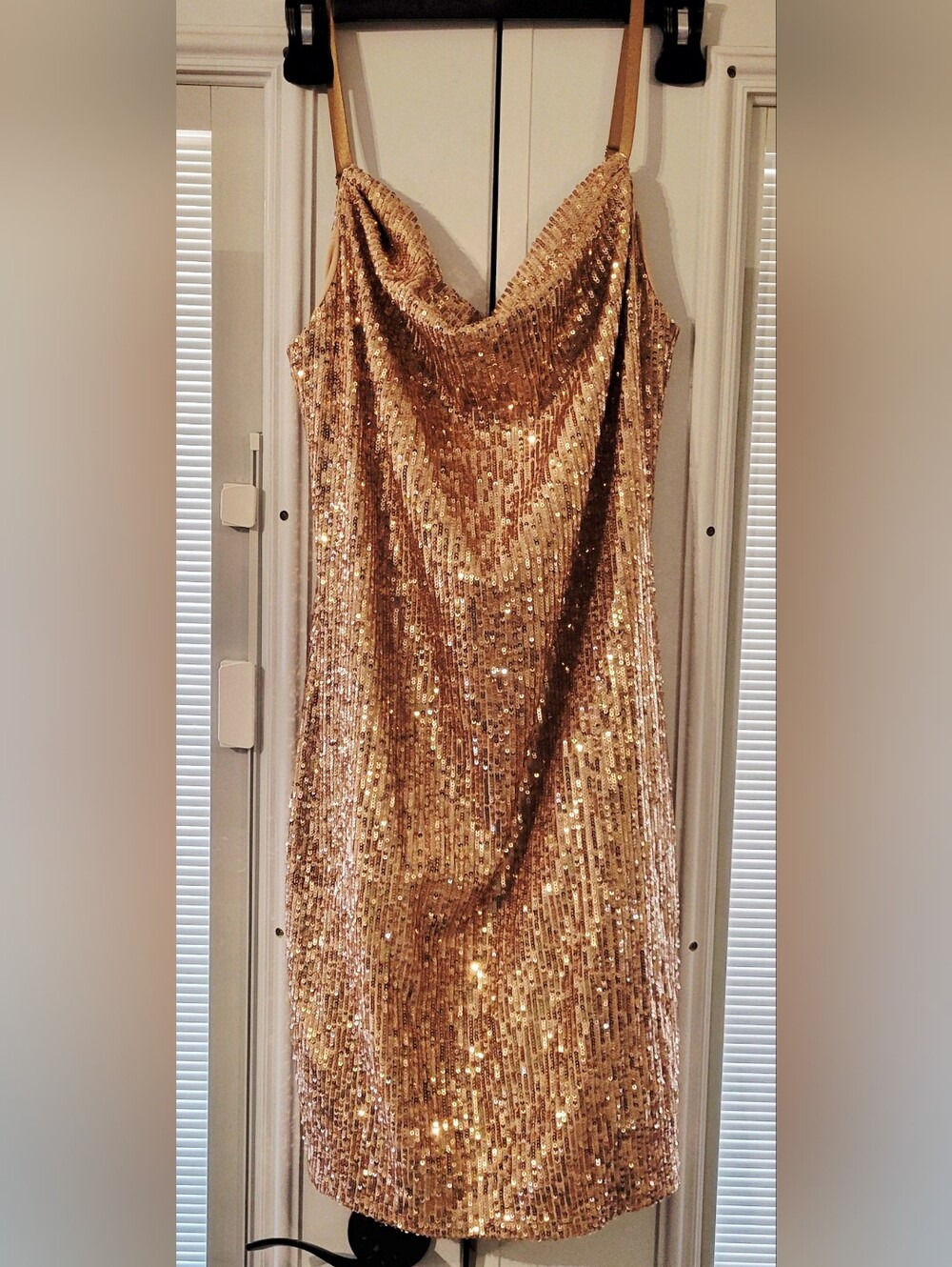 Bebe Rose Gold Sequin Stretch Slip Dress with Cowl Neck